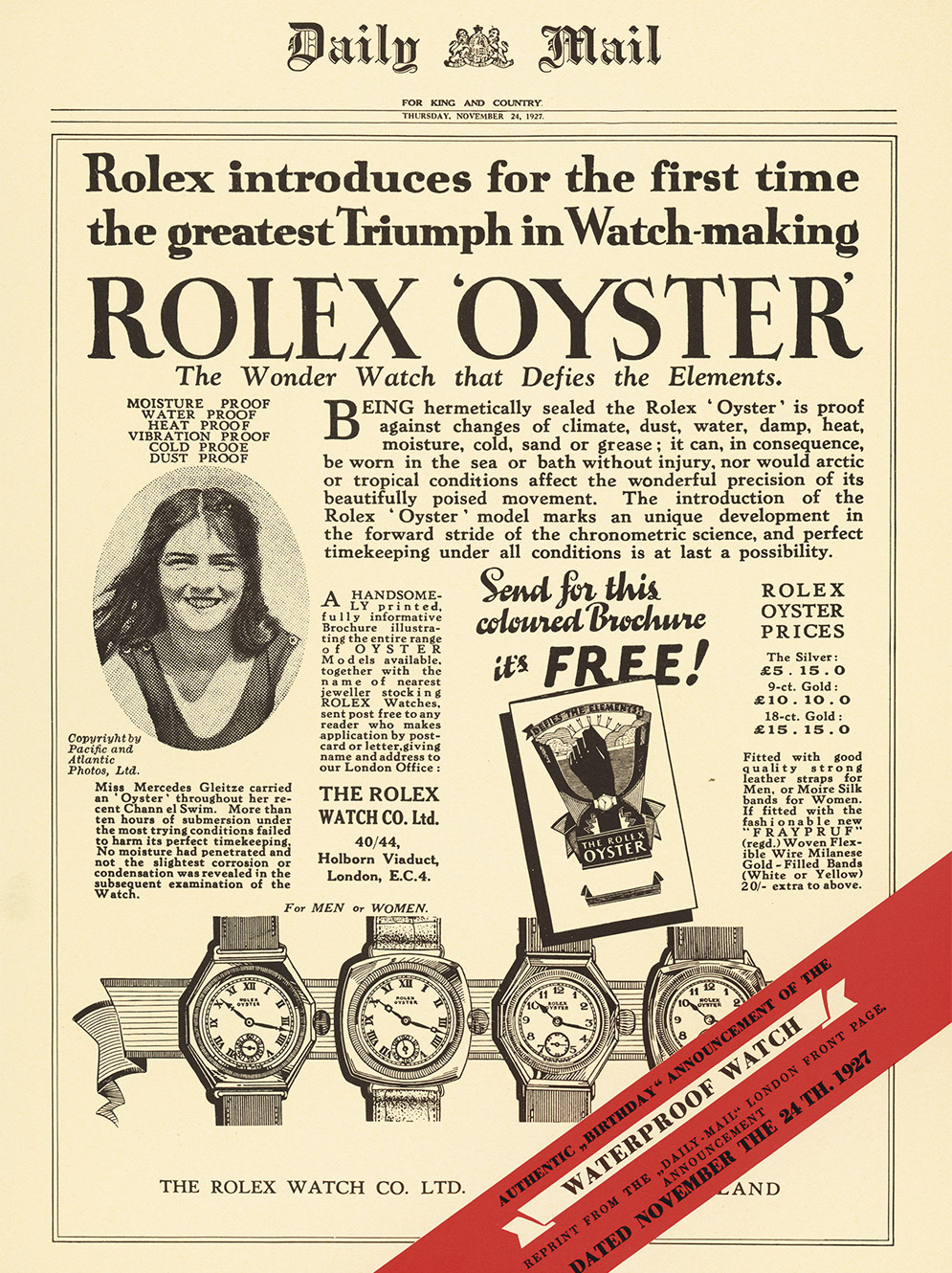 Daily Mail 1927 – Rolex Oyster a preplávanie La Manche Mercedes Gleitze